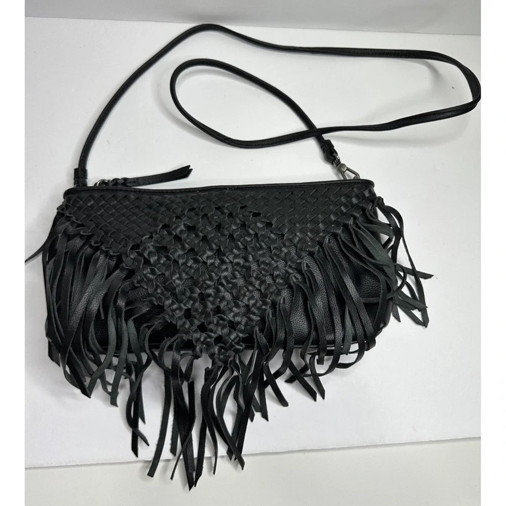 The Sak Filmore Purse Fringe Woven Black Leather Crossbody Clutch - Picture 2 of 16